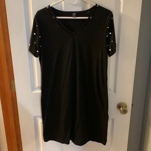 Black T-Shirt Dress, Pearls Detail on Sleeve